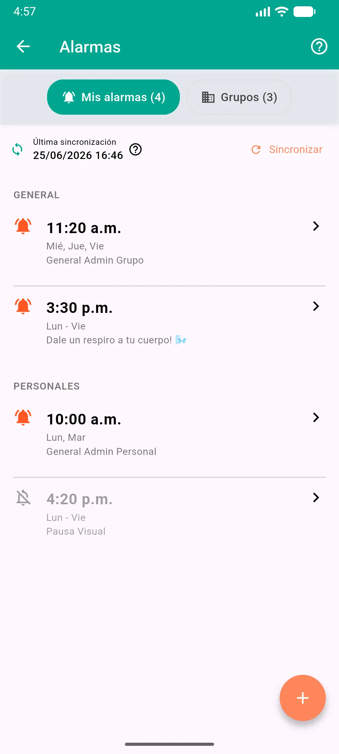 Alarmas en la app: recordatorios de pausa por grupo y personales
