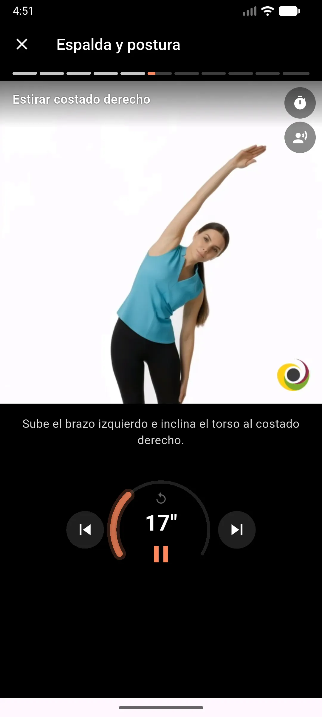 Pausa en curso en la app: ejercicio Espalda y postura, con la instrucción en pantalla y el temporizador