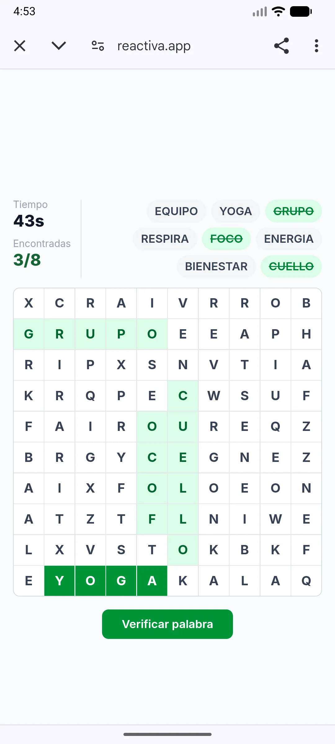 Pausa mental: sopa de letras con palabras como equipo, yoga y respira
