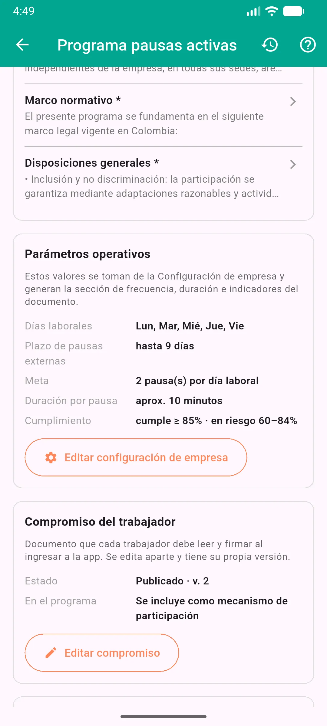 Programa de pausas activas en la app: parámetros operativos y compromiso del trabajador