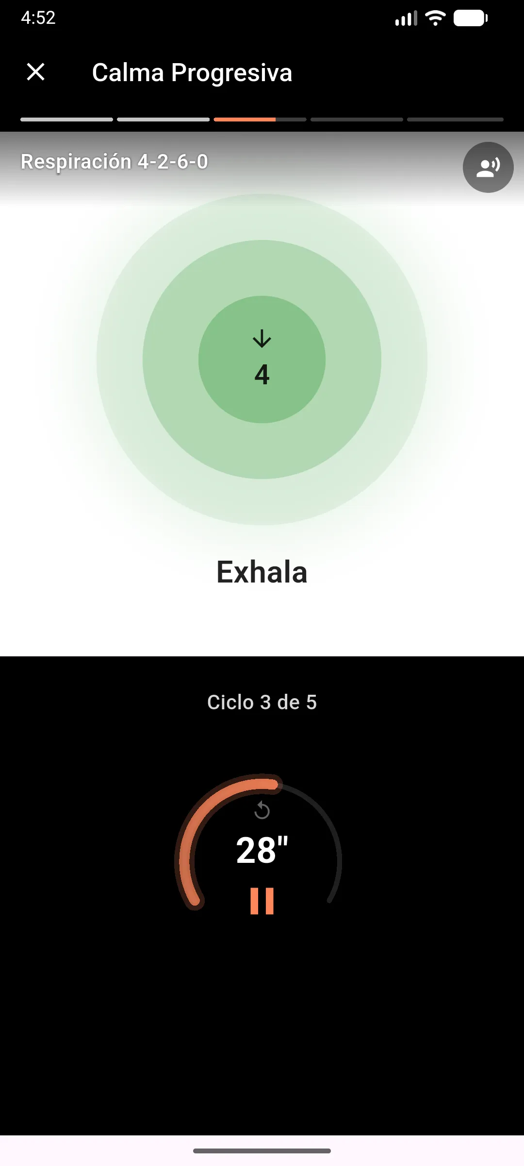 Pausa de respiración en la app: círculo que guía la fase Exhala y temporizador del ciclo 3 de 5