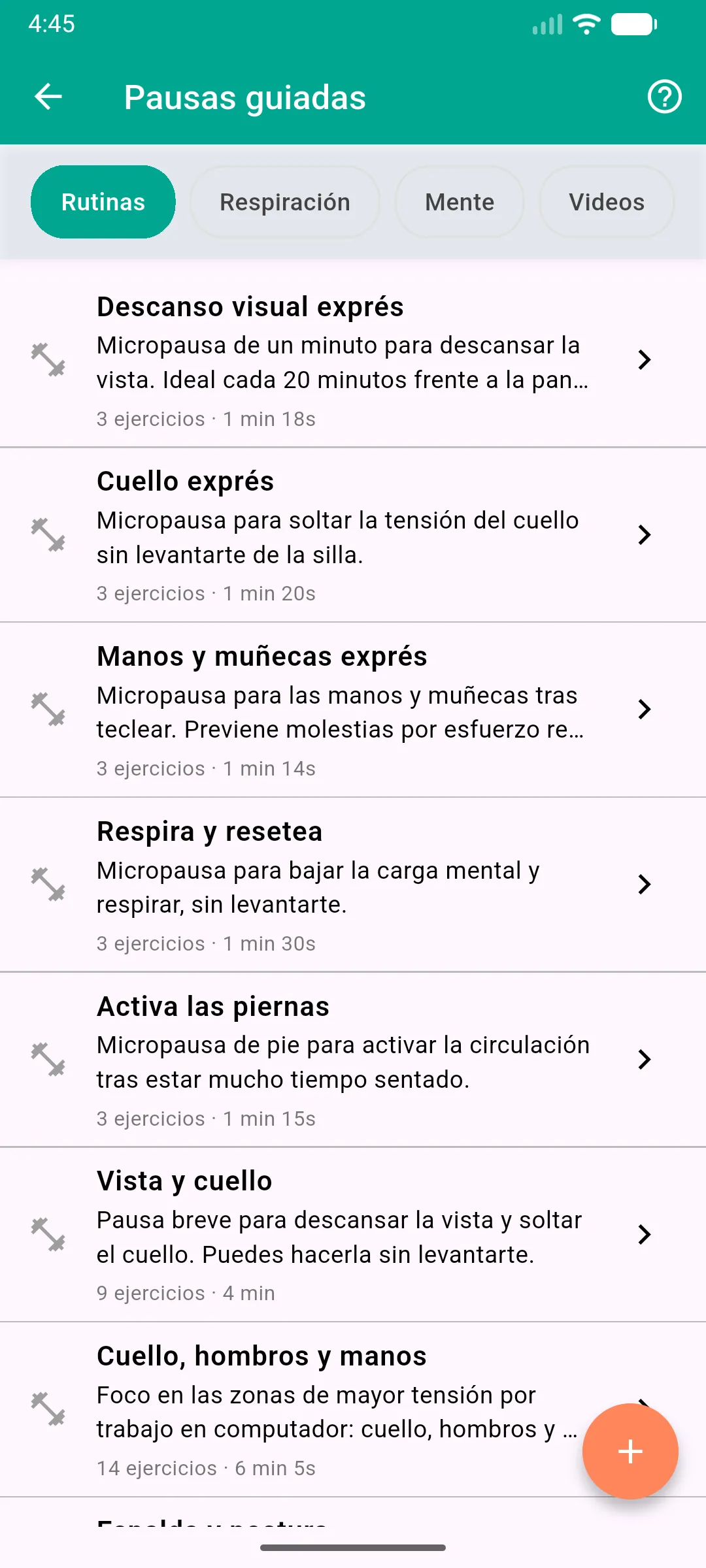 Pausas guiadas en la app: lista de rutinas con su número de ejercicios y duración